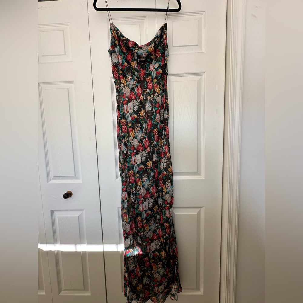Rosamosario 100% Silk Chiffon Bias Cut Cowl Neck Botanical Print Long Dress XL